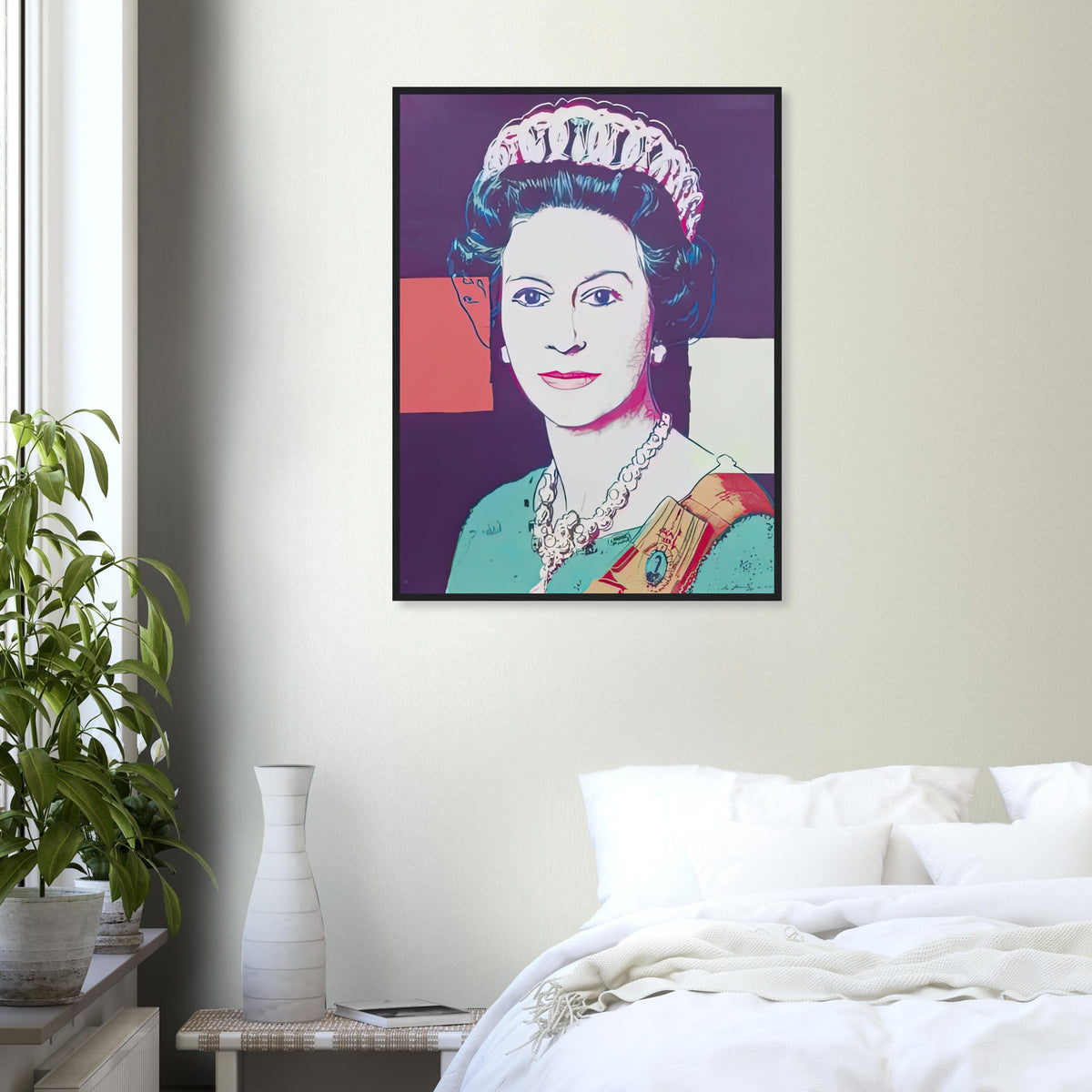 Andy Warhol framed print depicting a pale frontal face and detailed royal jewellery are set against blue, pink and red geometric fields; The Reigning Queens portfolio presented four women who held ruling power in their own right: Elizabeth