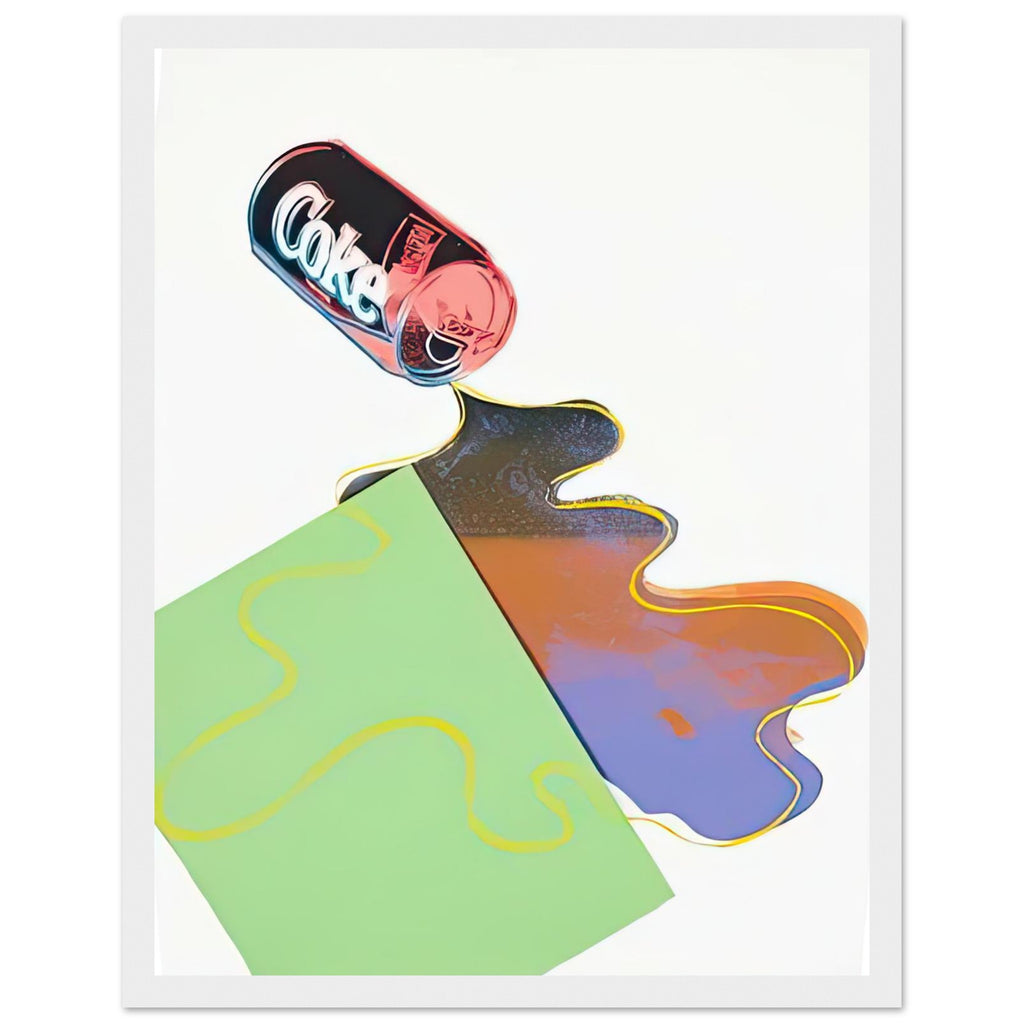 Andy Warhol framed print depicting a toppled Coca-Cola can appears to spill its contents, with colourful outlines exaggerating the ordinary action; New Coke was created in the year Coca-Cola introduced a controversial reformulated drink, white frame, 27x35 cm / 11x14″