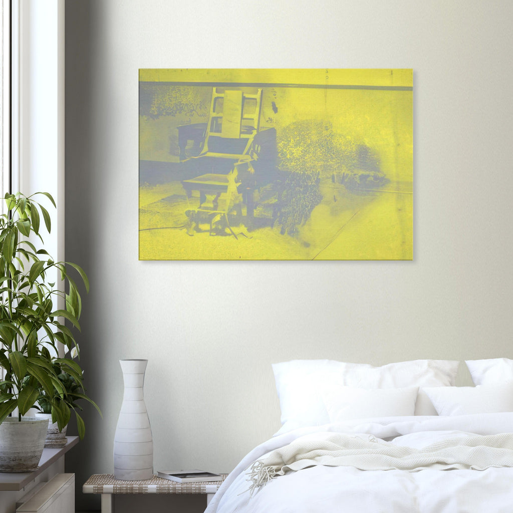 Andy Warhol canvas print depicting the stark chair, its surroundings and the tense emptiness of the room, a detail that connects the composition to its broader artistic subject