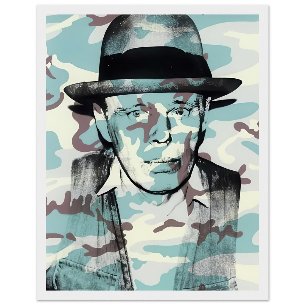 Andy Warhol framed print depicting beuys faces the viewer wearing his characteristic brimmed felt hat; Warhol portrayed fellow artist Joseph Beuys after photographing him in 1979, white frame, 27x35 cm / 11x14″