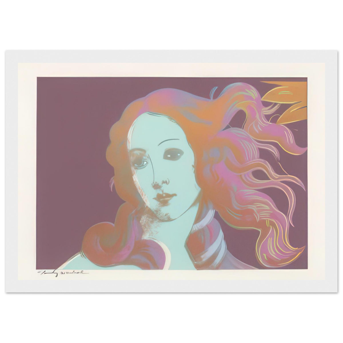 Andy Warhol framed print depicting venus emerging from the sea in a detail from the Renaissance painting, a detail that connects the composition to its broader artistic subject, white frame, 21x29.7 cm / 8x12"