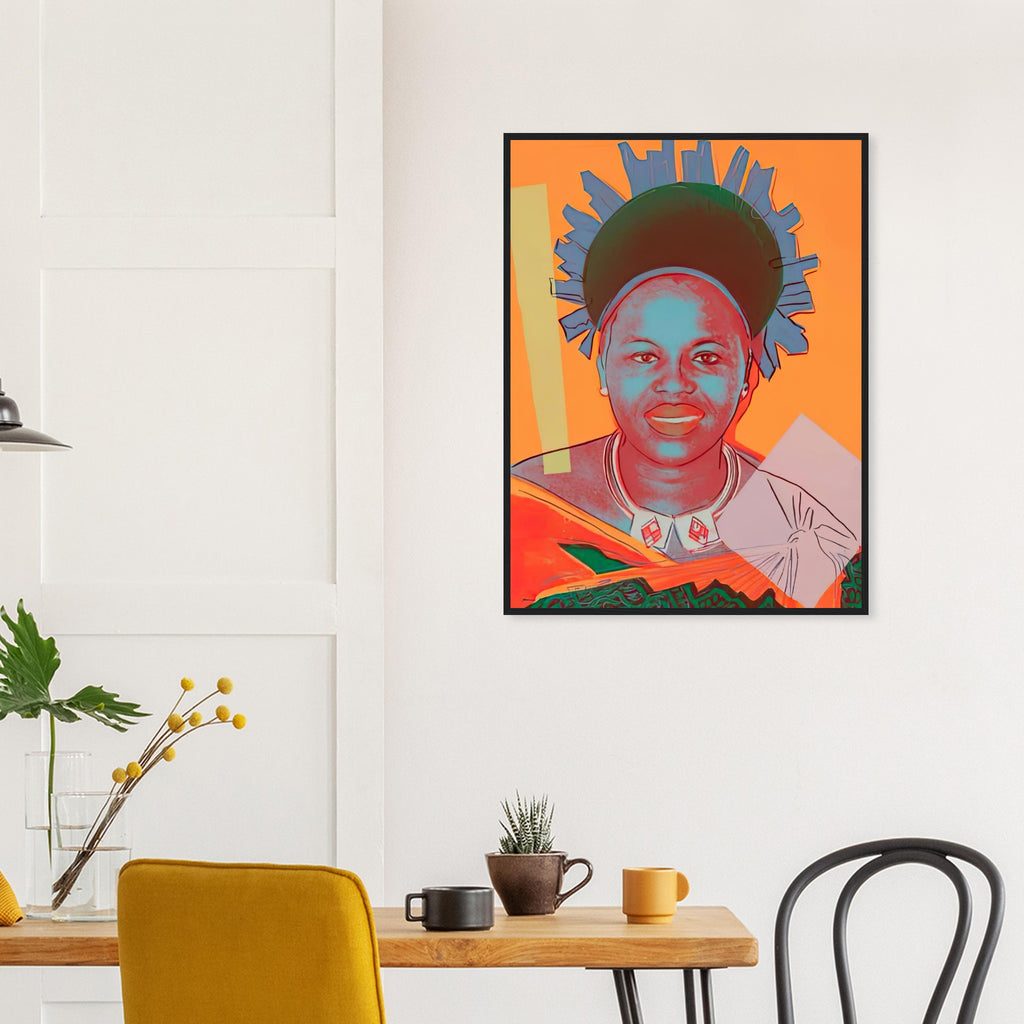Andy Warhol framed print depicting this work depicts Queen Ntombi Twala of Swaziland; The Reigning Queens portfolio presented four women who held ruling power in their own right: Elizabeth