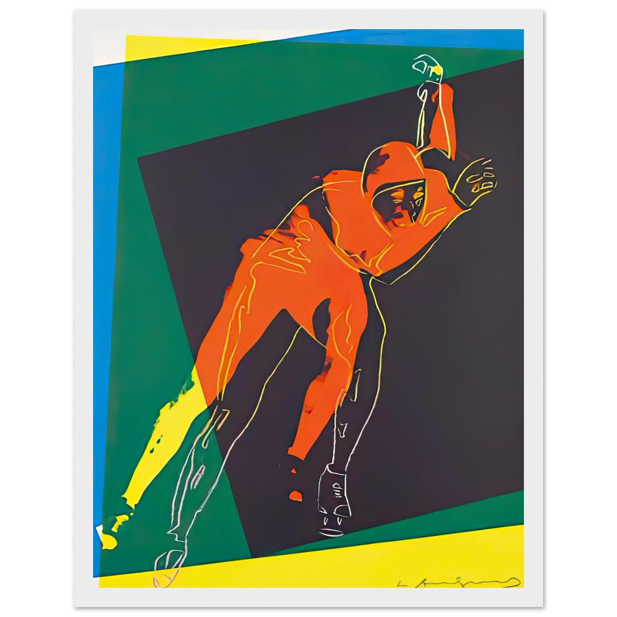 Andy Warhol framed print depicting an ice skater appears to project forward from a dark square, surrounded by rapid overlapping colour and fluid drawn outlines; Speed Skater was created for an art project connected with the 1984 Sarajevo Winter Olympics, white frame, 27x35 cm / 11x14″