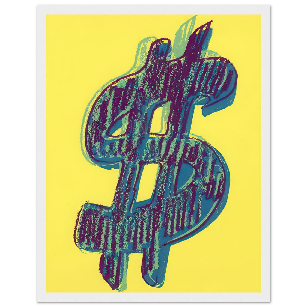 Andy Warhol framed print depicting the repeated or isolated currency mark operates like a logo: simple, recognizable and assertive, white frame, 27x35 cm / 11x14″