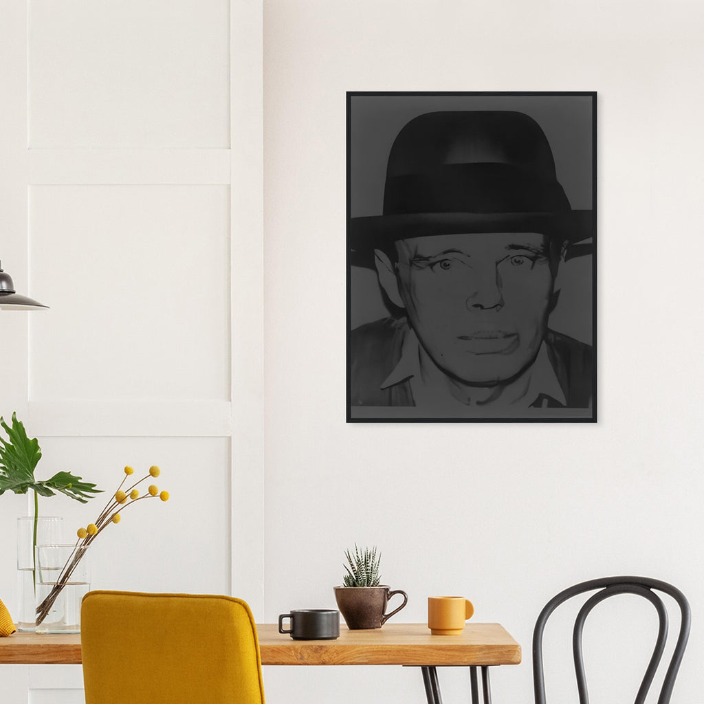 Andy Warhol framed print depicting beuys faces the viewer wearing his characteristic brimmed felt hat; Warhol portrayed fellow artist Joseph Beuys after photographing him in 1979