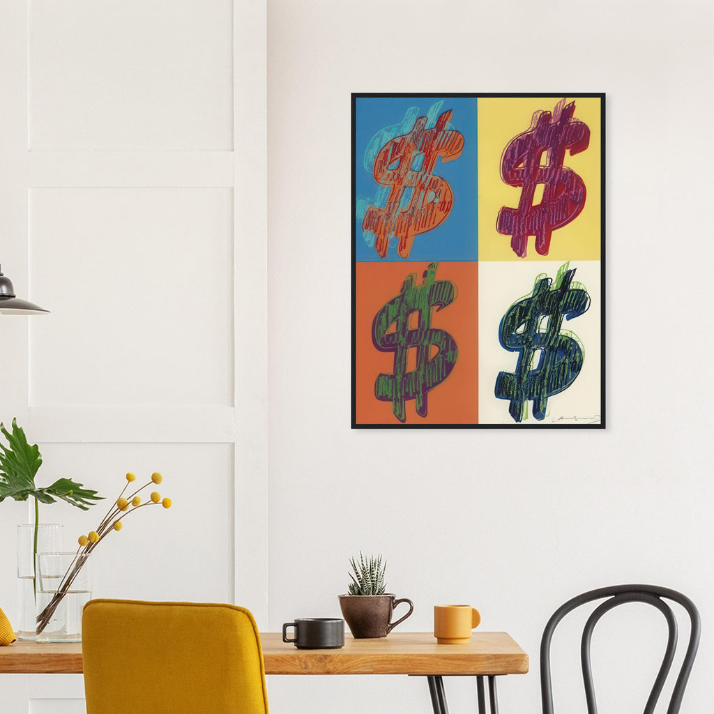 Andy Warhol framed print depicting the repeated or isolated currency mark operates like a logo: simple, recognizable and assertive