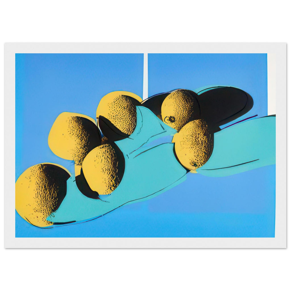 Andy Warhol framed print depicting rounded fruit forms, expressive edges and the recognizable shapes of cantaloupes, a detail that connects the composition to its broader artistic subject, white frame, 21x29.7 cm / 8x12"