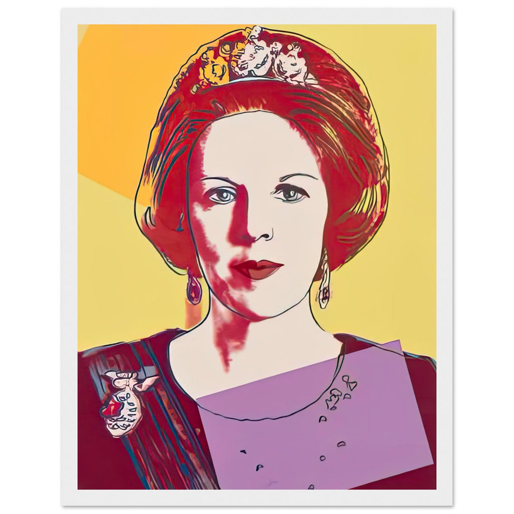 Andy Warhol framed print depicting this work depicts Queen Beatrix of the Netherlands; The Reigning Queens portfolio presented four women who held ruling power in their own right: Elizabeth, white frame, 27x35 cm / 11x14″