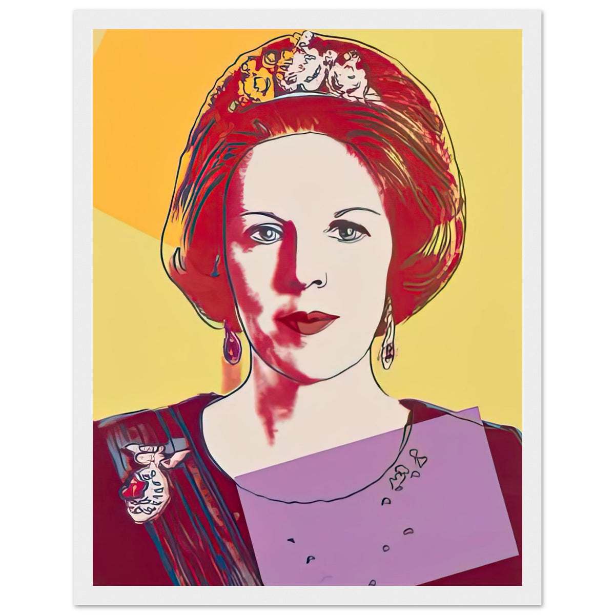 Andy Warhol framed print depicting this work depicts Queen Beatrix of the Netherlands; The Reigning Queens portfolio presented four women who held ruling power in their own right: Elizabeth, white frame, 27x35 cm / 11x14″