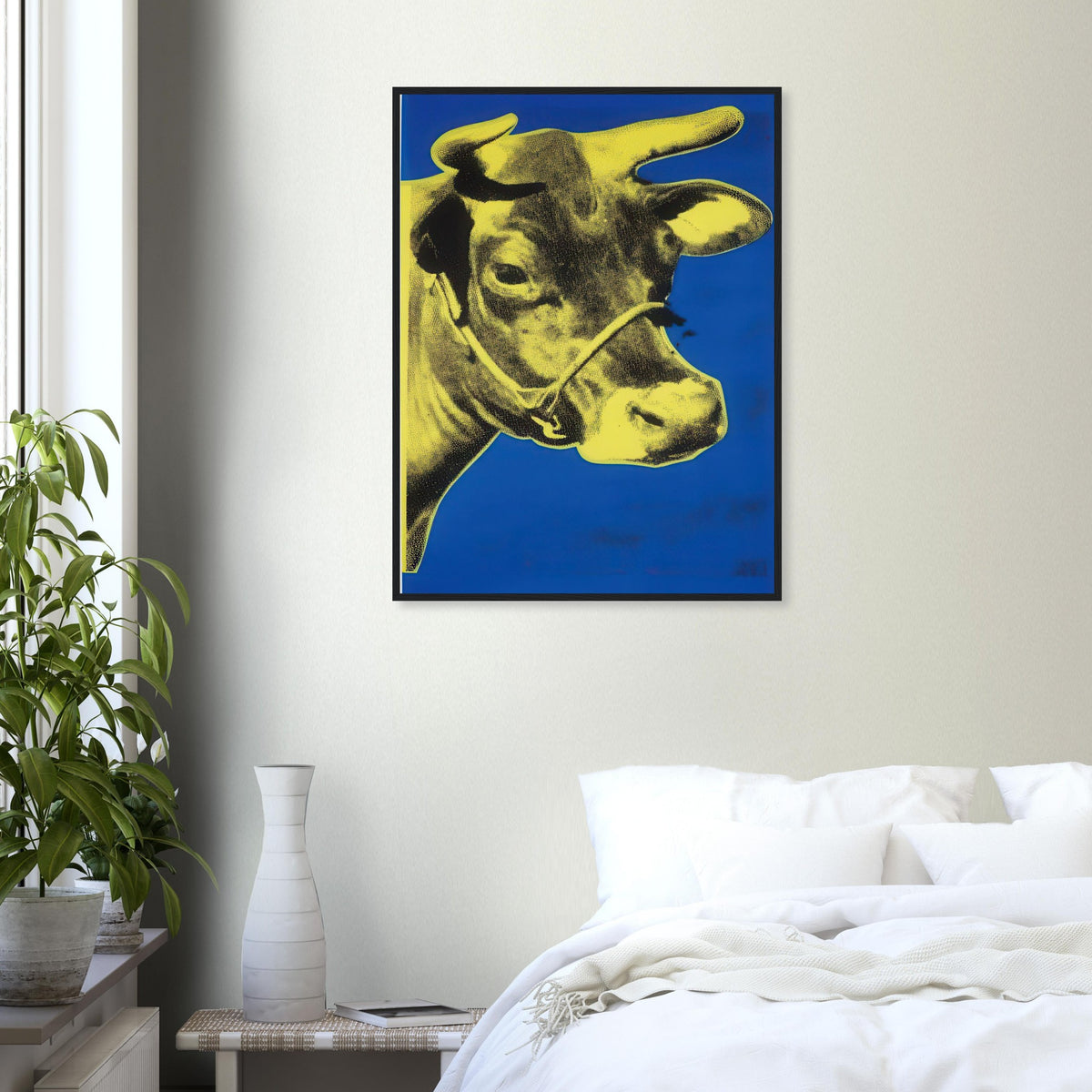 Andy Warhol framed print depicting the cow’s face becomes a bold graphic presence, replacing the gentle mood of traditional animal painting with irreverent visual impact