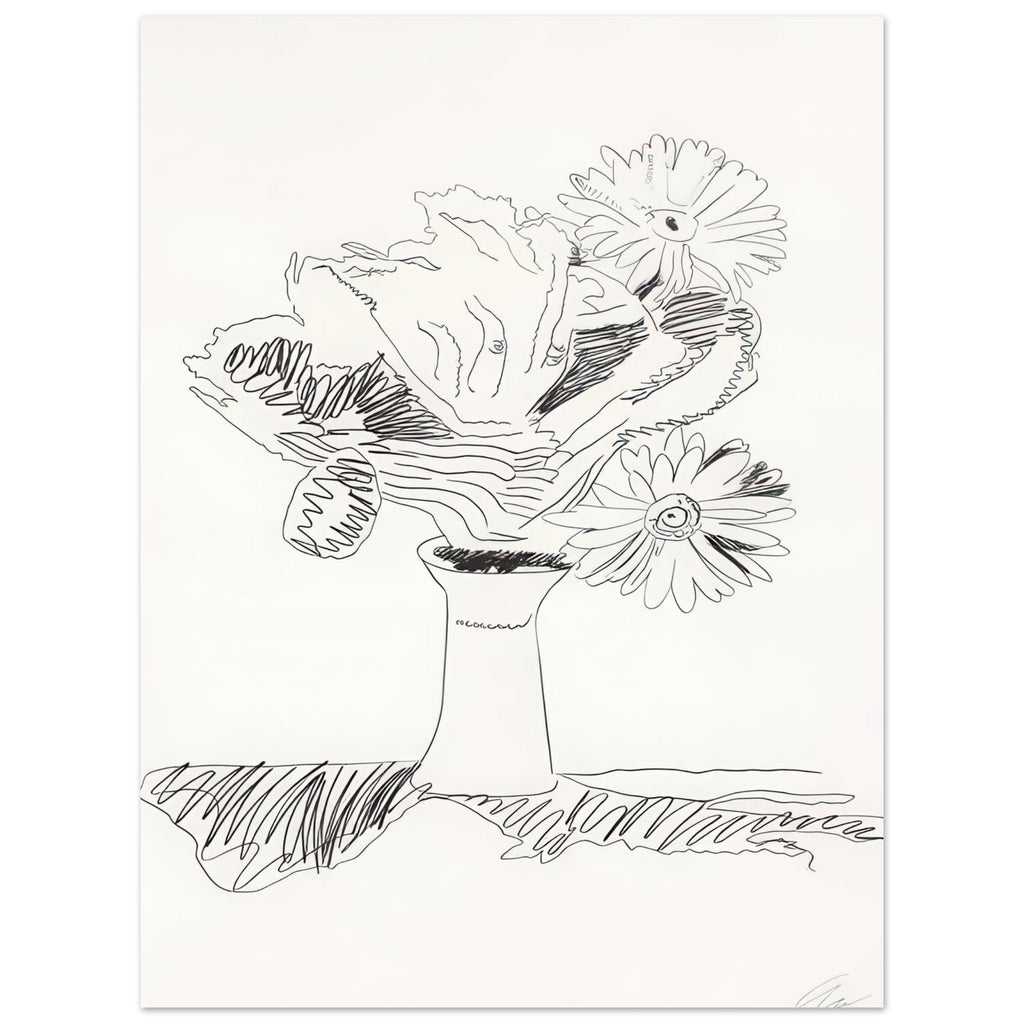 Andy Warhol poster depicting the design highlights the relationship between compact petals, organic contours and deliberately graphic printmaking marks, 15x20 cm / 6x8″
