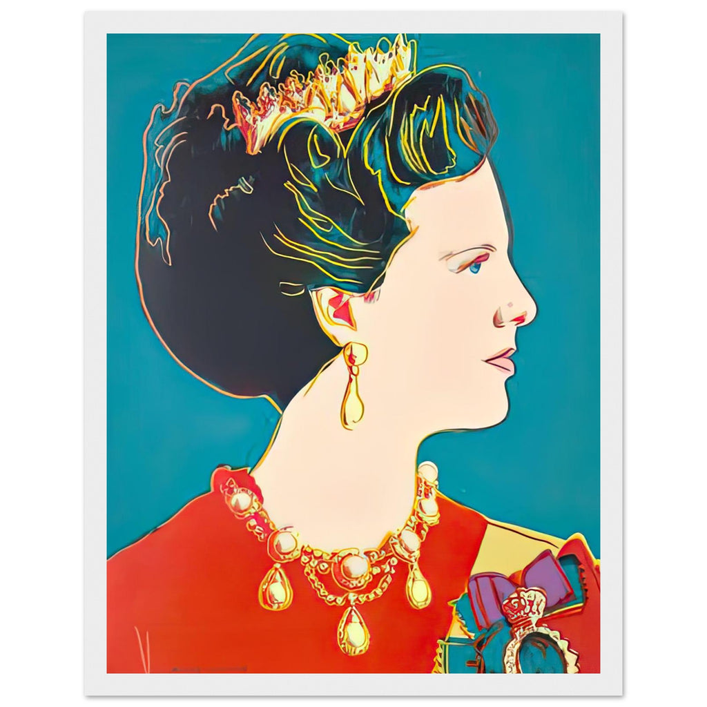 Andy Warhol framed print depicting this work depicts Queen Margrethe II of Denmark; The Reigning Queens portfolio presented four women who held ruling power in their own right: Elizabeth, white frame, 27x35 cm / 11x14″