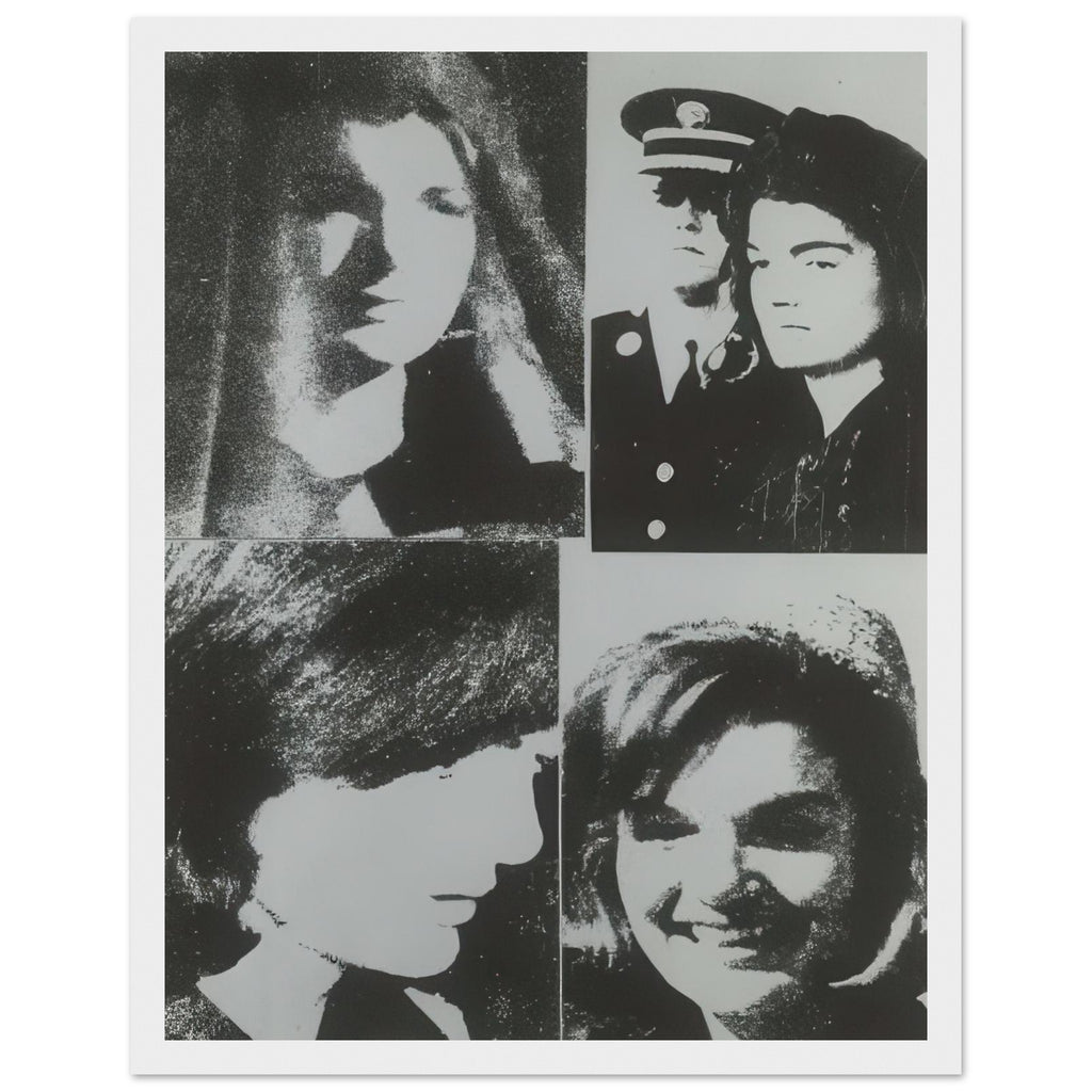 Andy Warhol framed print depicting the restrained crop emphasizes Jackie Kennedy’s face and its emotional resonance, demonstrating how a seemingly simple portrait can carry a powerful media history, white frame, 27x35 cm / 11x14″