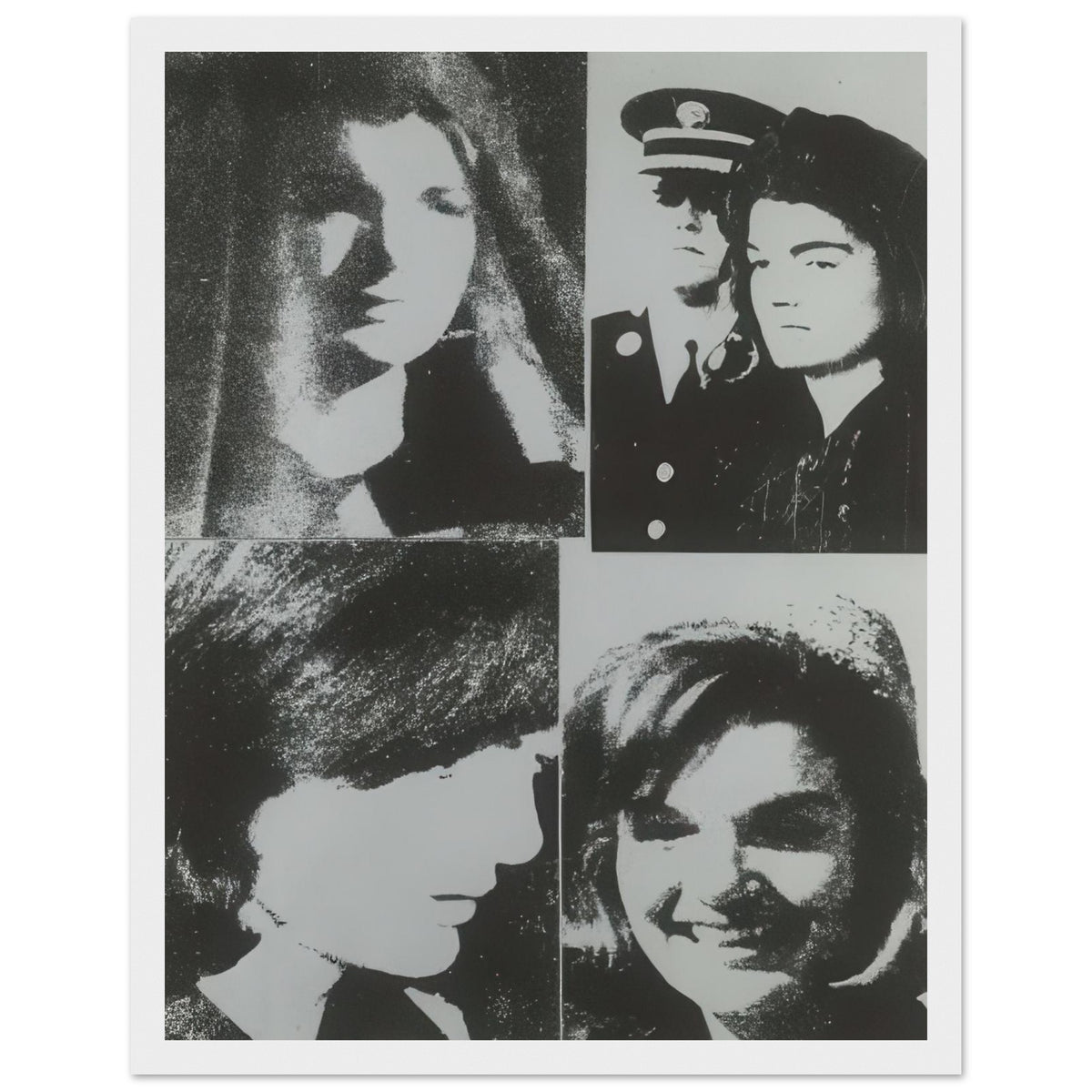Andy Warhol framed print depicting the restrained crop emphasizes Jackie Kennedy’s face and its emotional resonance, demonstrating how a seemingly simple portrait can carry a powerful media history, white frame, 27x35 cm / 11x14″