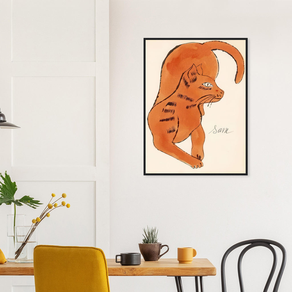 Andy Warhol framed print depicting a spare contour drawing gives the animal its personality, while uncomplicated forms keep the focus on the cat’s outline and pose