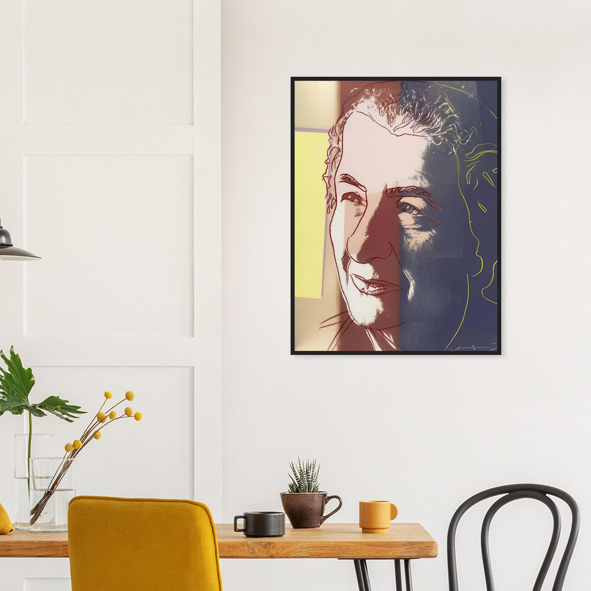 Andy Warhol framed print depicting the sitter’s recognizable face directs attention toward public image, personality and the graphic simplification of photographic portraiture