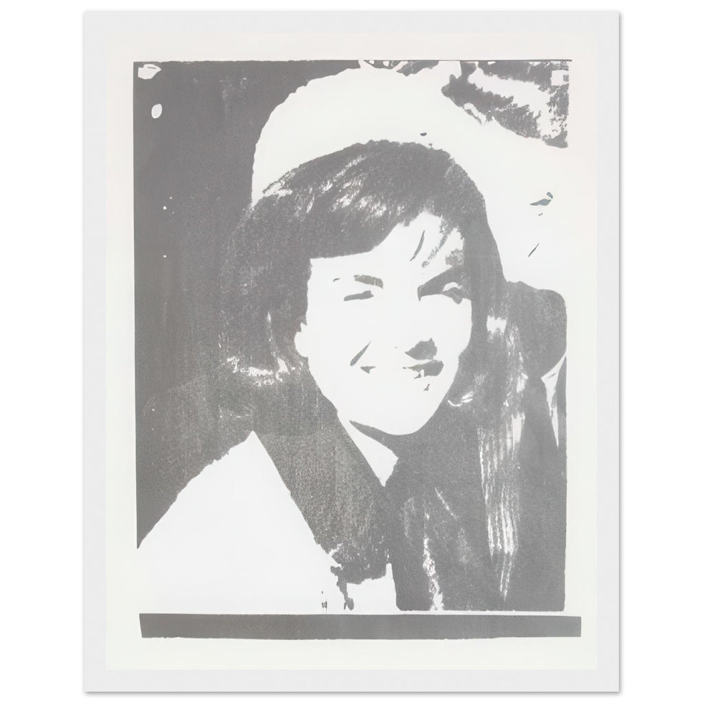 Andy Warhol framed print depicting the restrained crop emphasizes Jackie Kennedy’s face and its emotional resonance, demonstrating how a seemingly simple portrait can carry a powerful media history, white frame, 27x35 cm / 11x14″