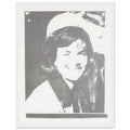 Andy Warhol framed print depicting the restrained crop emphasizes Jackie Kennedy’s face and its emotional resonance, demonstrating how a seemingly simple portrait can carry a powerful media history, white frame, 27x35 cm / 11x14″