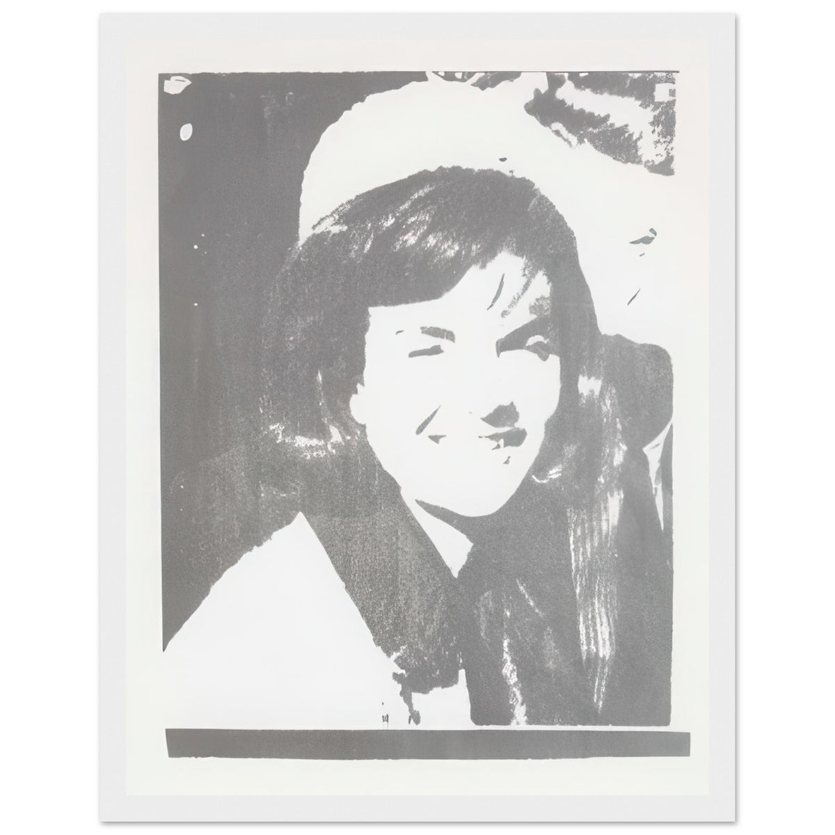 Andy Warhol framed print depicting the restrained crop emphasizes Jackie Kennedy’s face and its emotional resonance, demonstrating how a seemingly simple portrait can carry a powerful media history, white frame, 27x35 cm / 11x14″