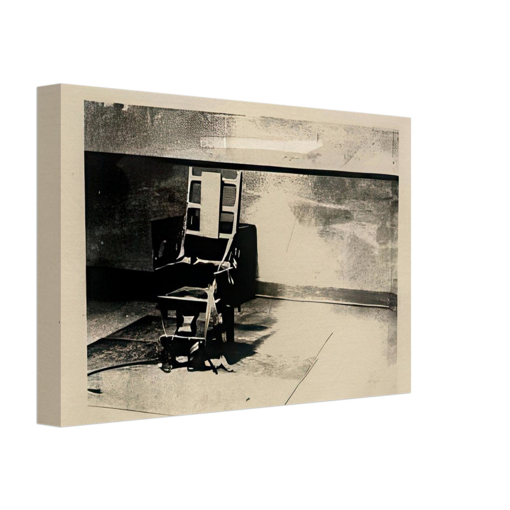 Andy Warhol canvas print depicting the stark chair, its surroundings and the tense emptiness of the room, a detail that connects the composition to its broader artistic subject, 20x30 cm / 8x12″