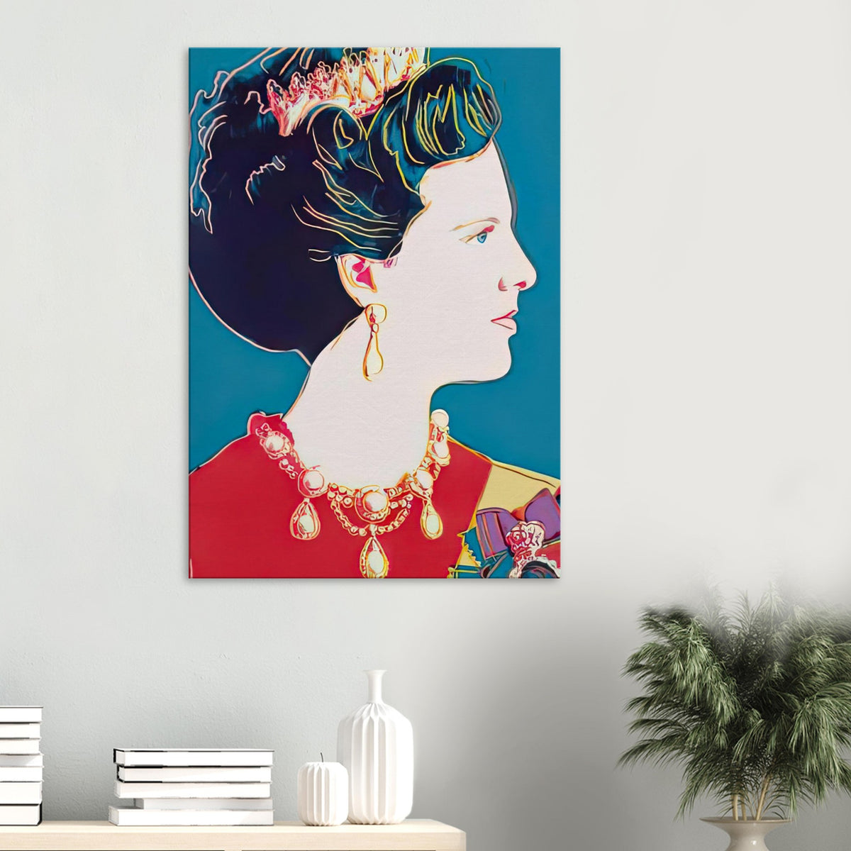 Andy Warhol canvas print depicting the recognizable royal portrait becomes a strong graphic focal point