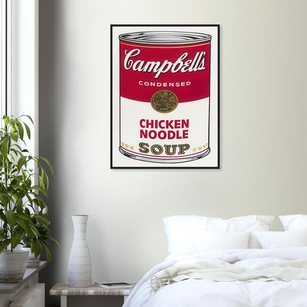Andy Warhol framed print depicting the instantly legible soup-can silhouette, packaging lettering and product name create a highly recognizable commercial composition
