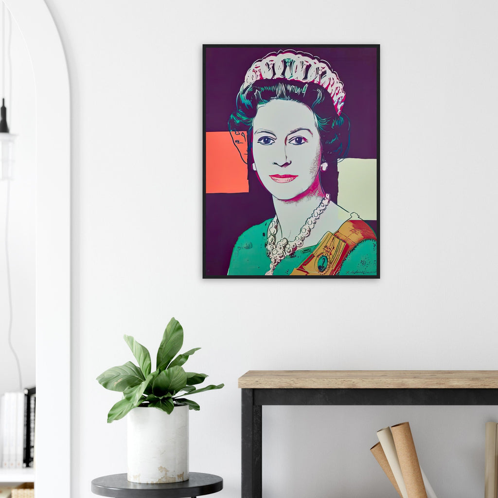 Andy Warhol framed print depicting this work depicts Queen Elizabeth II of the United Kingdom; The Reigning Queens portfolio presented four women who held ruling power in their own right: Elizabeth