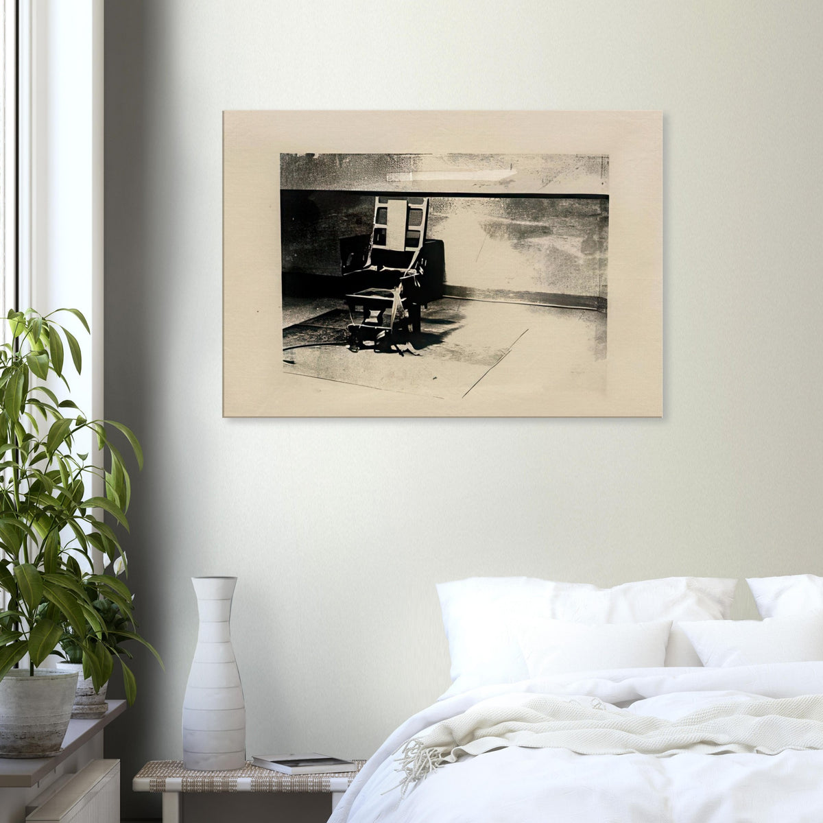 Andy Warhol canvas print depicting the stark chair, its surroundings and the tense emptiness of the room, a detail that connects the composition to its broader artistic subject