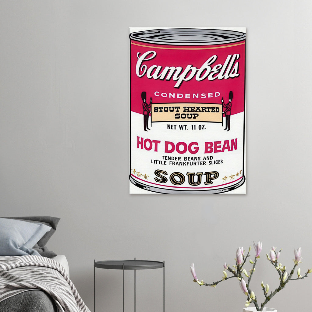 Andy Warhol canvas print depicting the instantly legible soup-can silhouette, packaging lettering and product name create a highly recognizable commercial composition