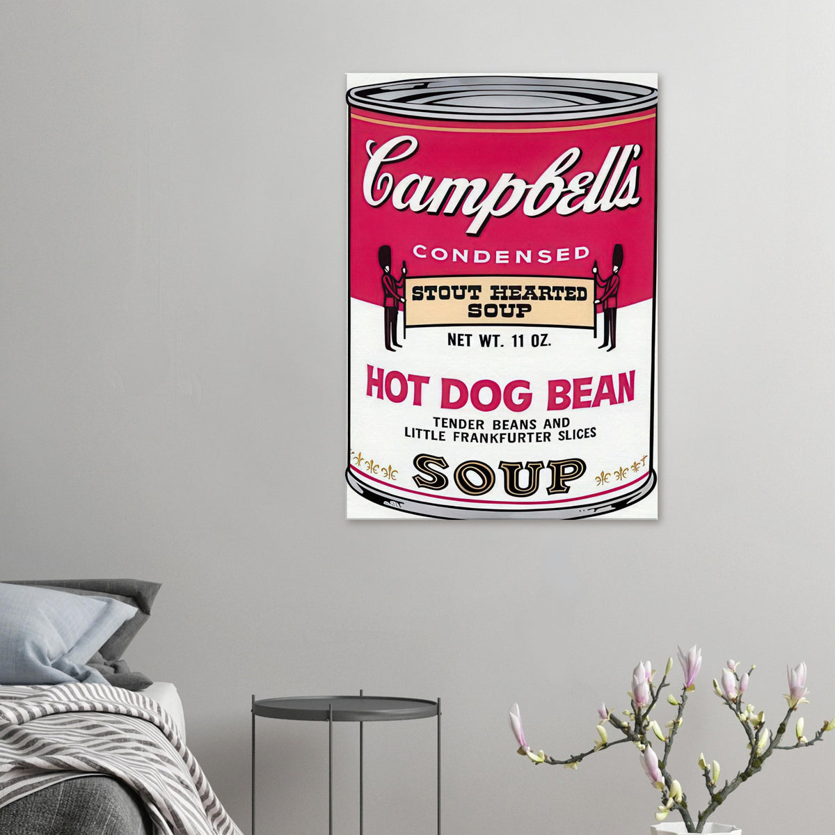 Andy Warhol canvas print depicting the instantly legible soup-can silhouette, packaging lettering and product name create a highly recognizable commercial composition