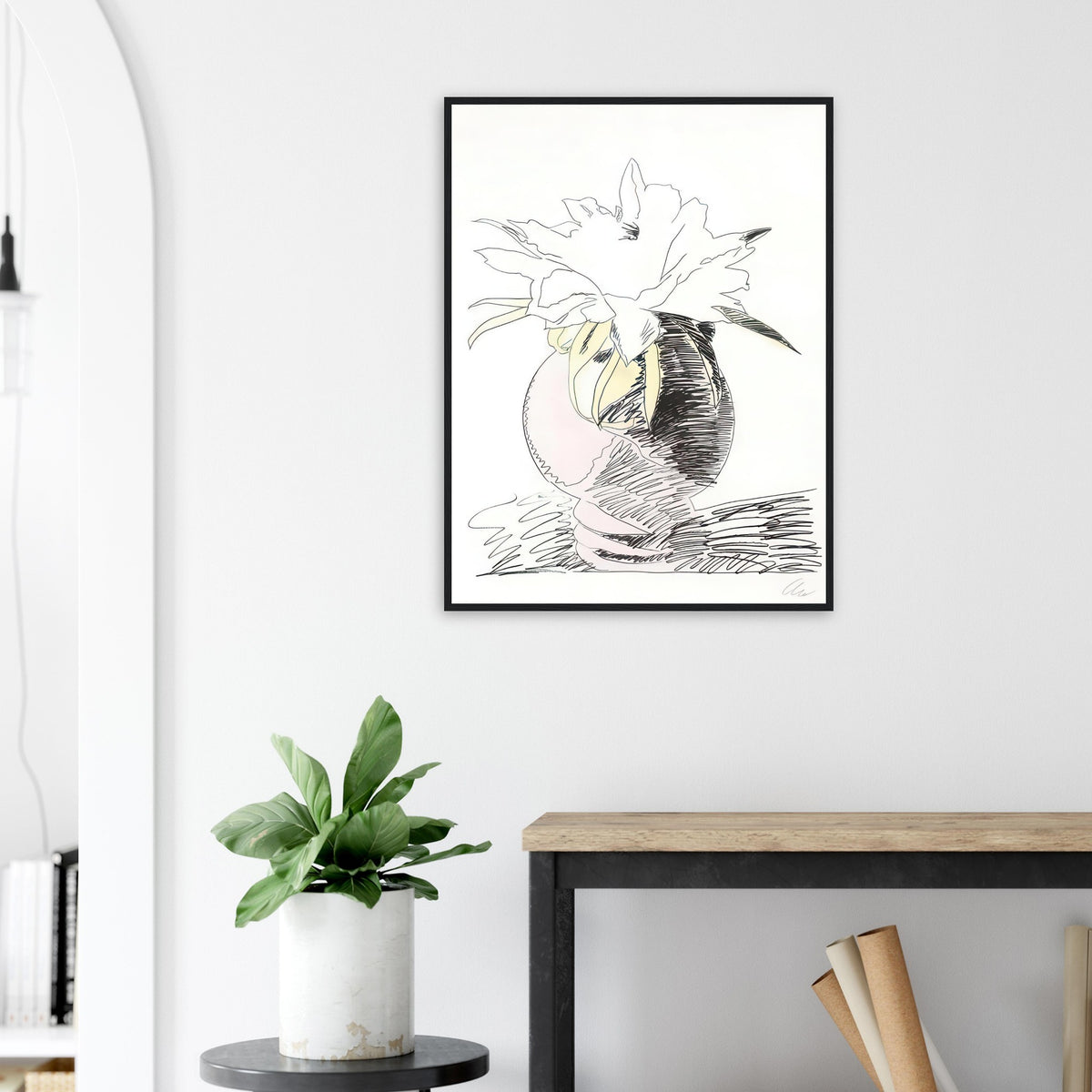 Andy Warhol framed print depicting the design highlights the relationship between compact petals, organic contours and deliberately graphic printmaking marks
