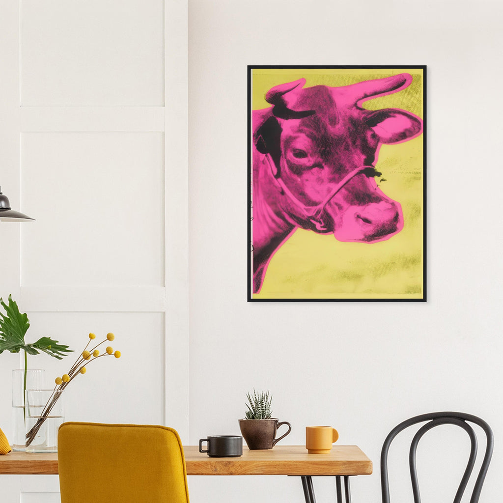 Andy Warhol framed print depicting the cow’s face becomes a bold graphic presence, replacing the gentle mood of traditional animal painting with irreverent visual impact