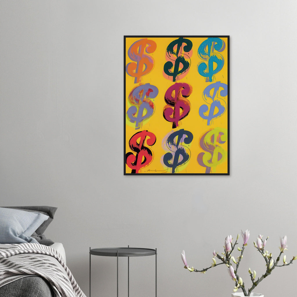Andy Warhol framed print depicting the repeated or isolated currency mark operates like a logo: simple, recognizable and assertive