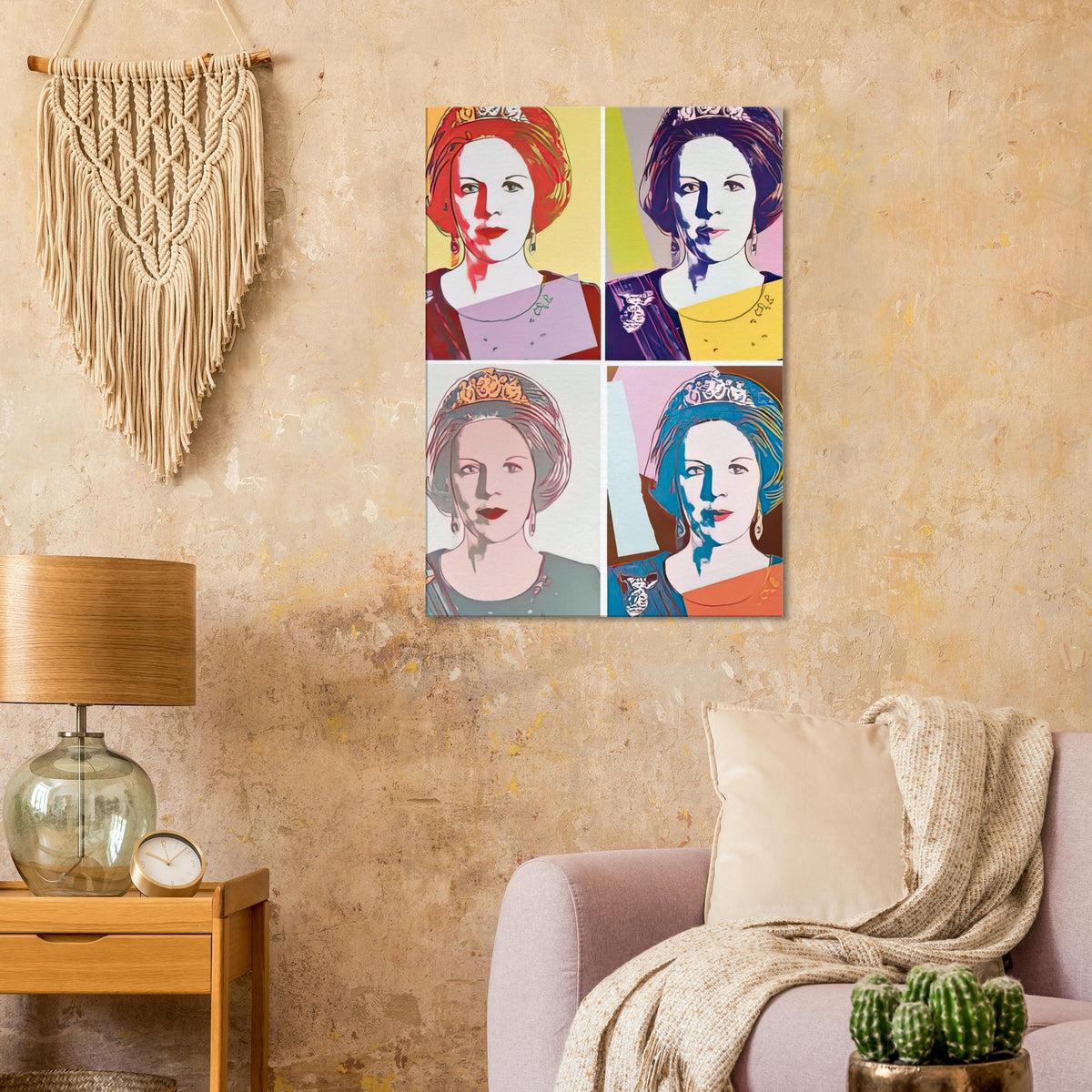 Andy Warhol canvas print depicting the recognizable royal portrait becomes a strong graphic focal point