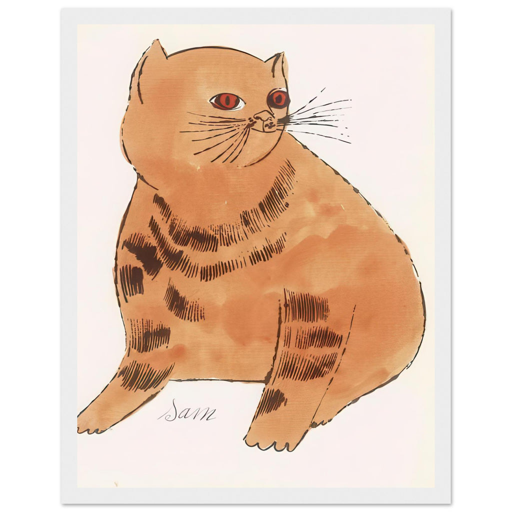 Andy Warhol framed print depicting a spare contour drawing gives the animal its personality, while uncomplicated forms keep the focus on the cat’s outline and pose, white frame, 27x35 cm / 11x14″