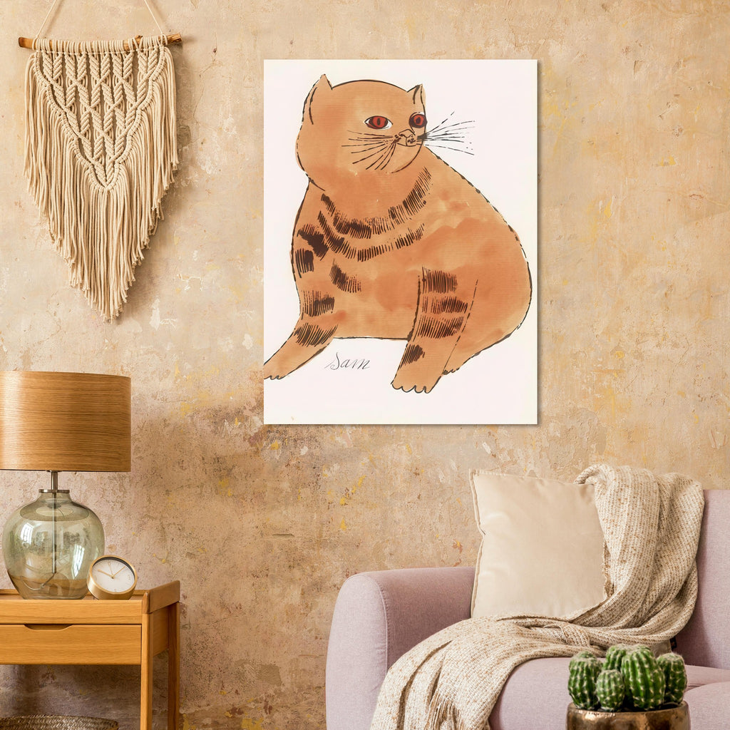 Andy Warhol poster depicting a spare contour drawing gives the animal its personality, while uncomplicated forms keep the focus on the cat’s outline and pose