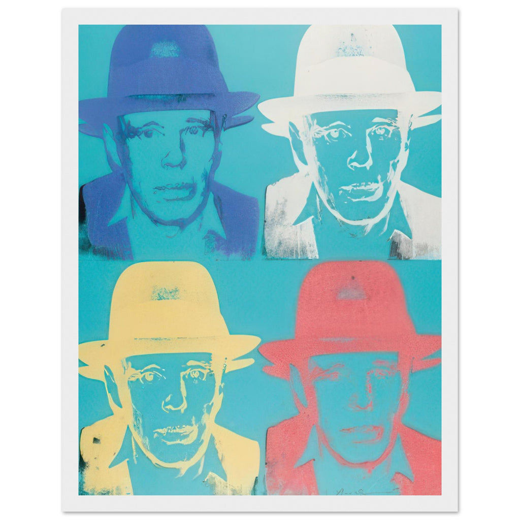 Andy Warhol framed print depicting beuys faces the viewer wearing his characteristic brimmed felt hat; Warhol portrayed fellow artist Joseph Beuys after photographing him in 1979, white frame, 27x35 cm / 11x14″