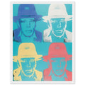 Andy Warhol framed print depicting beuys faces the viewer wearing his characteristic brimmed felt hat; Warhol portrayed fellow artist Joseph Beuys after photographing him in 1979, white frame, 27x35 cm / 11x14″