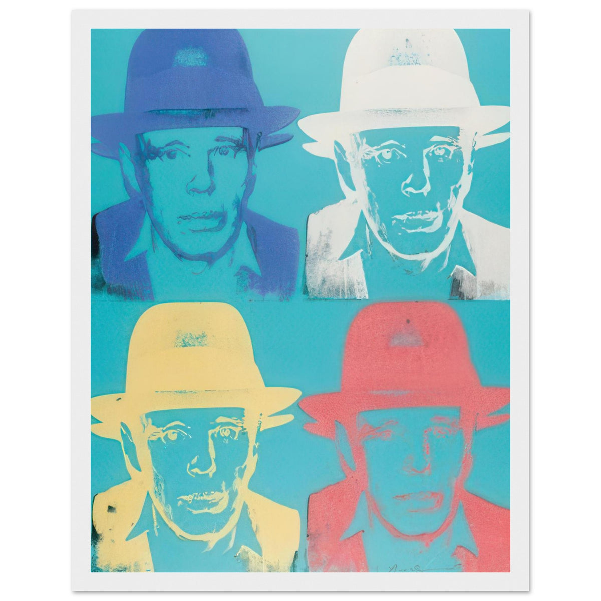 Andy Warhol framed print depicting beuys faces the viewer wearing his characteristic brimmed felt hat; Warhol portrayed fellow artist Joseph Beuys after photographing him in 1979, white frame, 27x35 cm / 11x14″