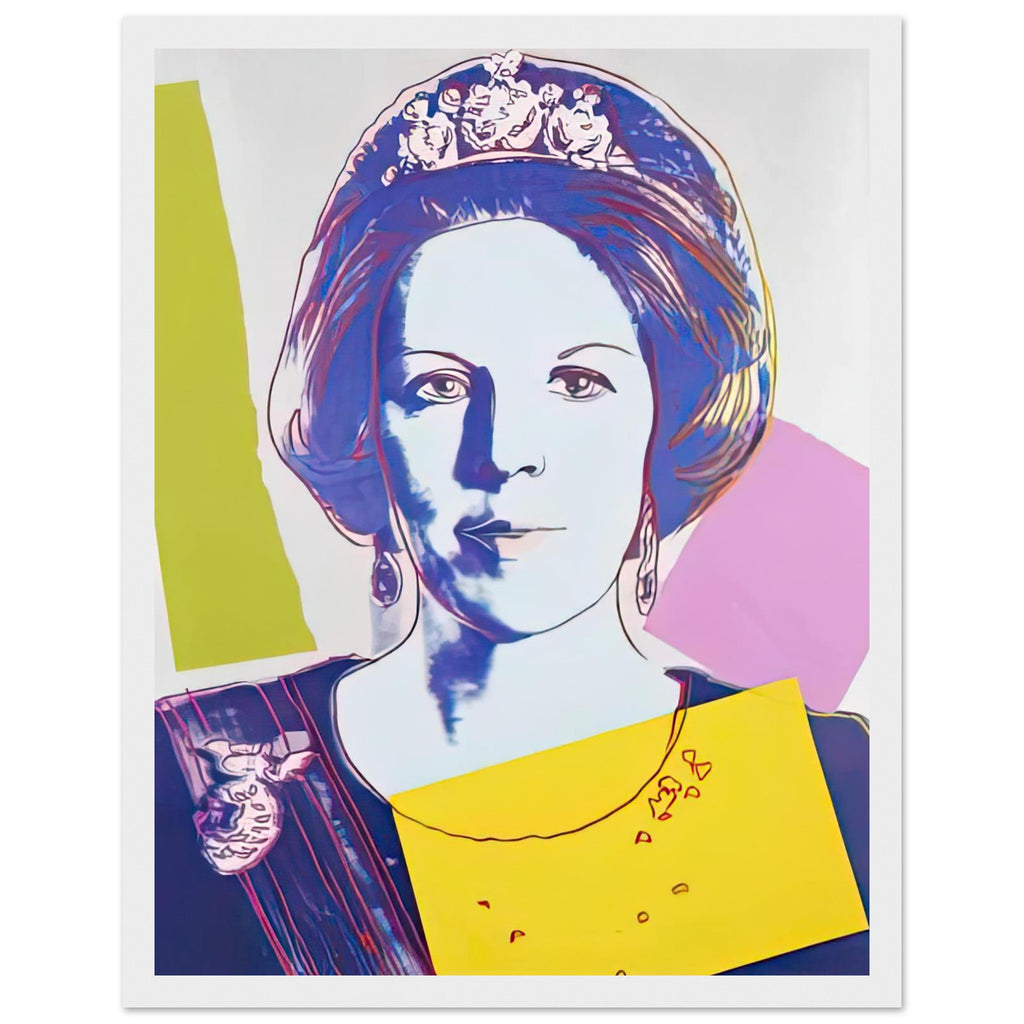 Andy Warhol framed print depicting this work depicts Queen Beatrix of the Netherlands; The Reigning Queens portfolio presented four women who held ruling power in their own right: Elizabeth, white frame, 27x35 cm / 11x14″