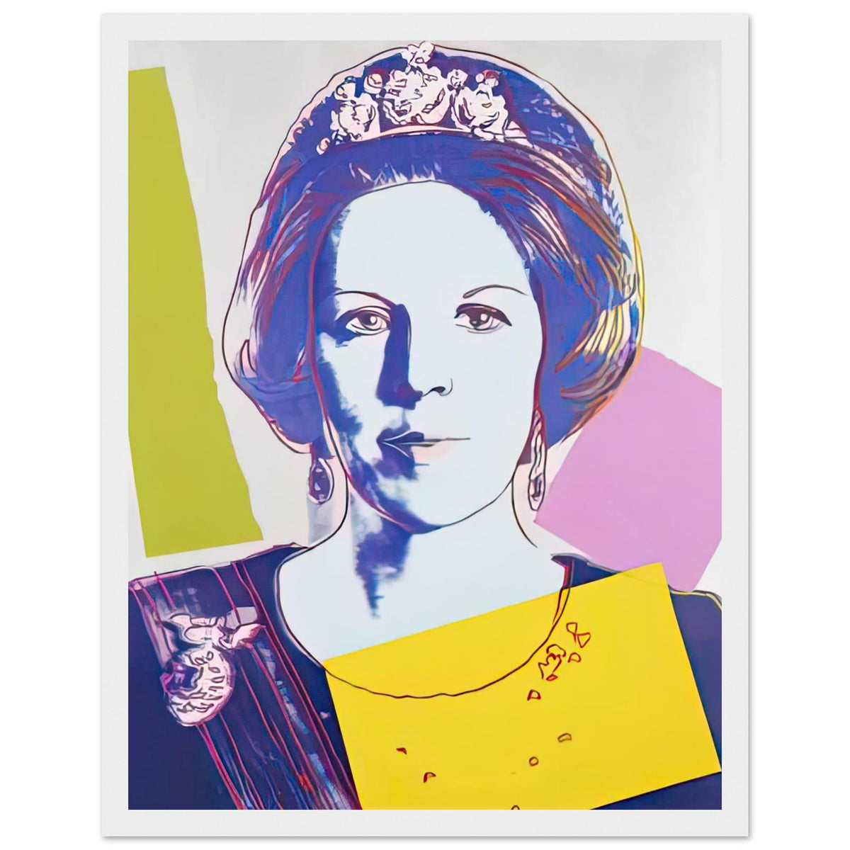 Andy Warhol framed print depicting this work depicts Queen Beatrix of the Netherlands; The Reigning Queens portfolio presented four women who held ruling power in their own right: Elizabeth, white frame, 27x35 cm / 11x14″