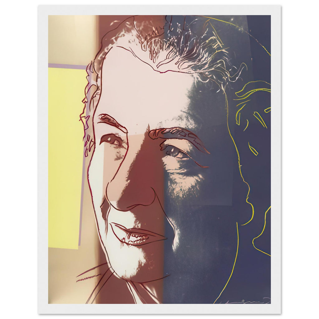 Andy Warhol framed print depicting the sitter’s recognizable face directs attention toward public image, personality and the graphic simplification of photographic portraiture, white frame, 27x35 cm / 11x14″