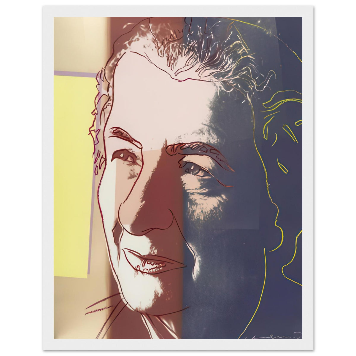 Andy Warhol framed print depicting the sitter’s recognizable face directs attention toward public image, personality and the graphic simplification of photographic portraiture, white frame, 27x35 cm / 11x14″
