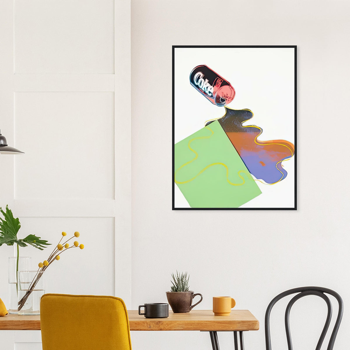 Andy Warhol framed print depicting a toppled Coca-Cola can appears to spill its contents, with colourful outlines exaggerating the ordinary action; New Coke was created in the year Coca-Cola introduced a controversial reformulated drink