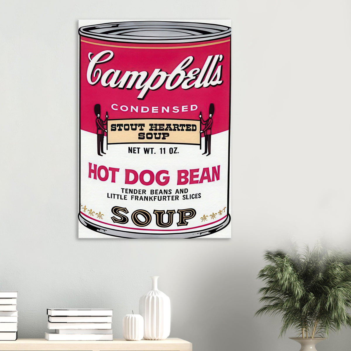 Andy Warhol canvas print depicting the instantly legible soup-can silhouette, packaging lettering and product name create a highly recognizable commercial composition