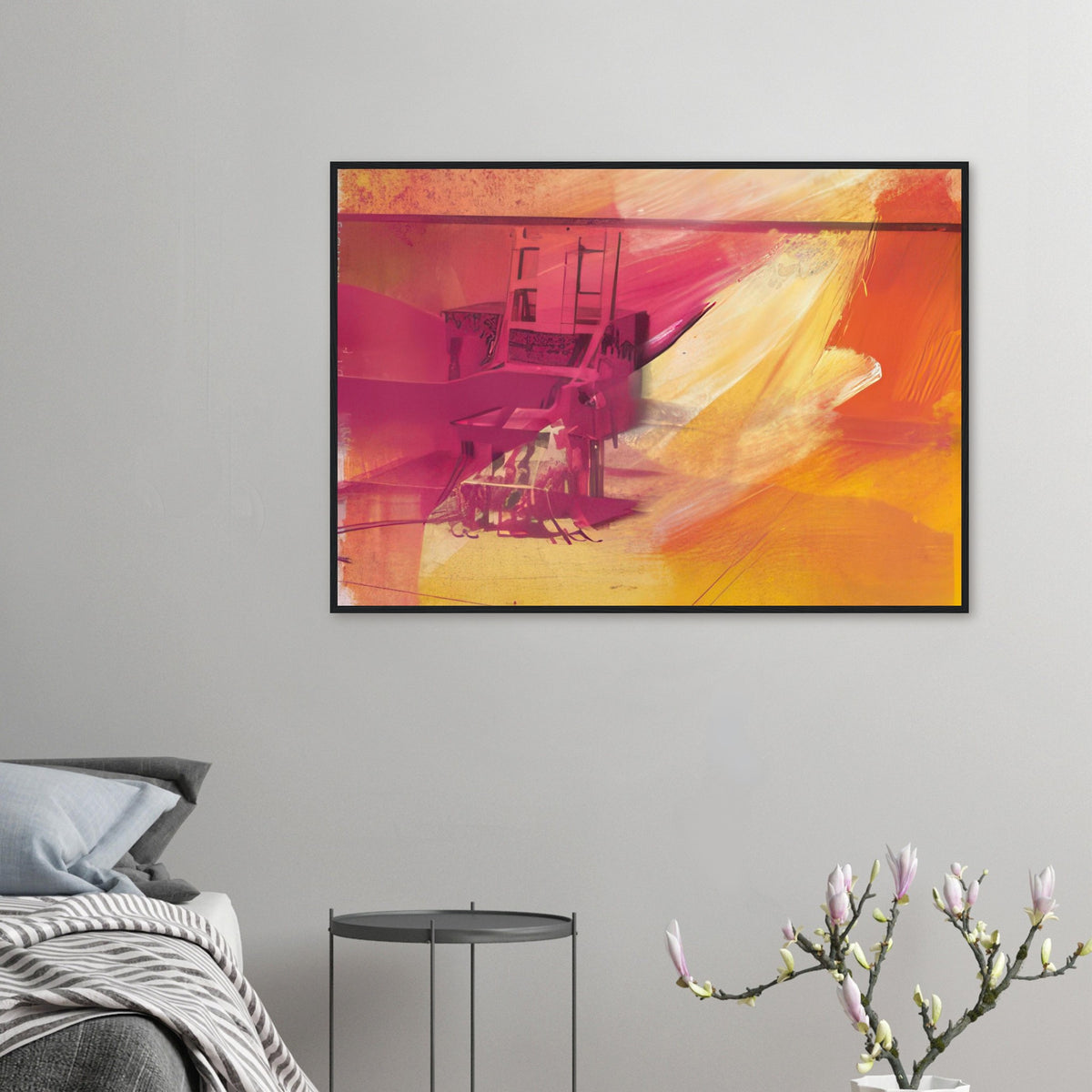Andy Warhol framed print depicting the stark chair, its surroundings and the tense emptiness of the room, a detail that connects the composition to its broader artistic subject