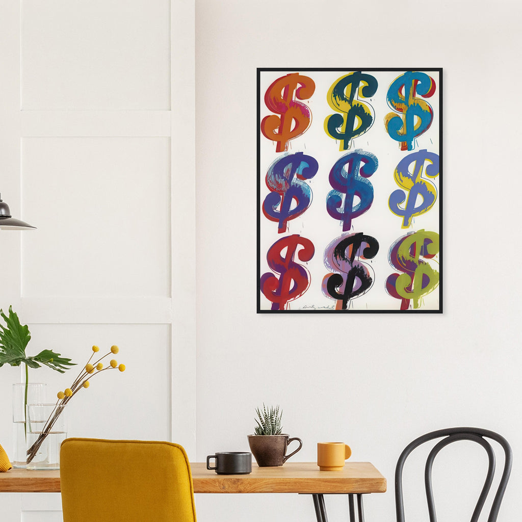 Andy Warhol framed print depicting the repeated or isolated currency mark operates like a logo: simple, recognizable and assertive