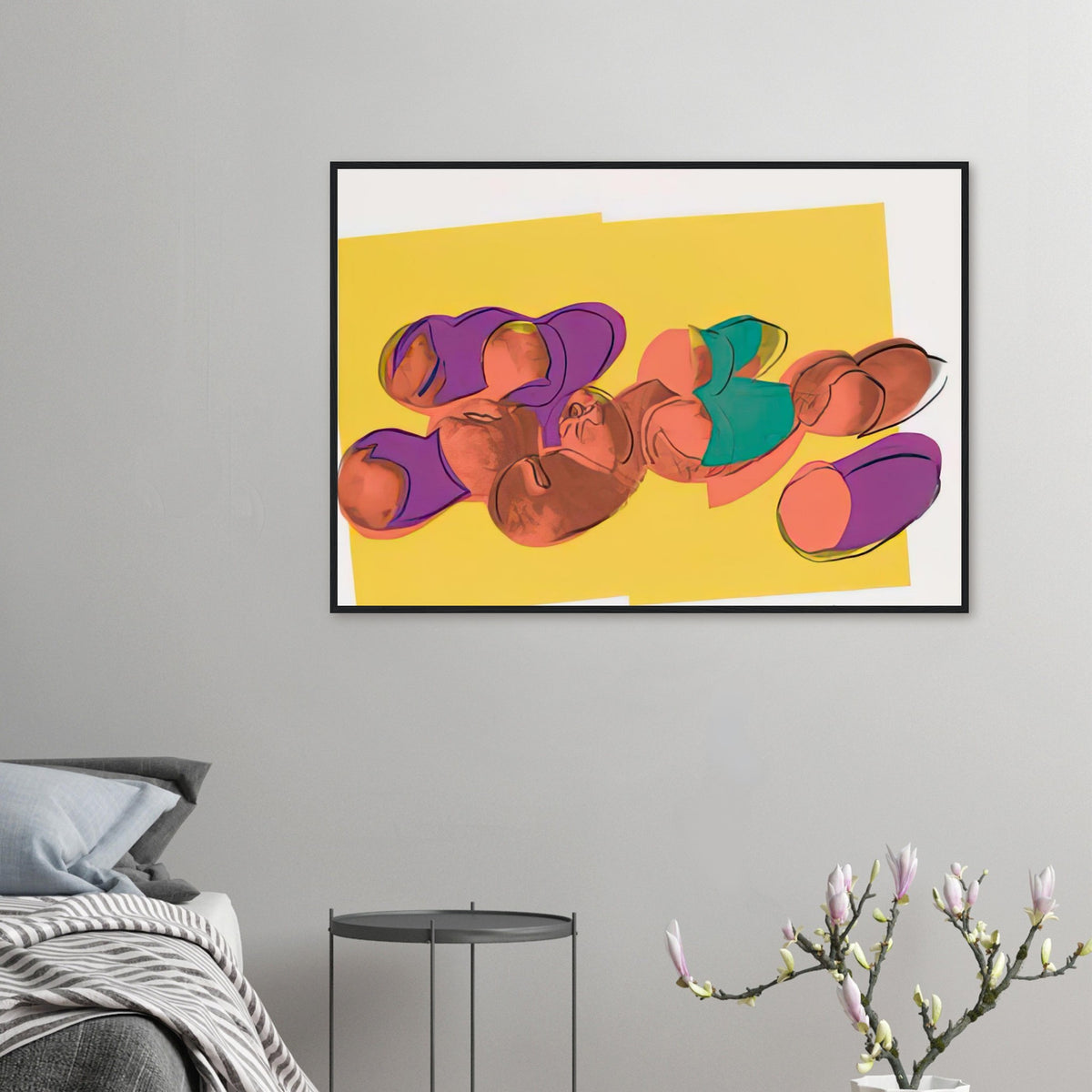 Andy Warhol framed print depicting rounded fruit forms, expressive edges and the recognizable shapes of peaches, a detail that connects the composition to its broader artistic subject