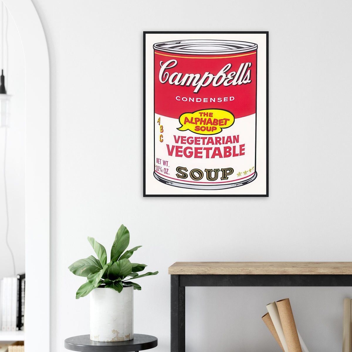 Andy Warhol framed print depicting the instantly legible soup-can silhouette, packaging lettering and product name create a highly recognizable commercial composition