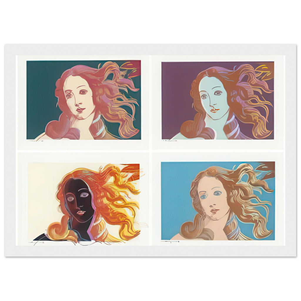 Andy Warhol framed print depicting venus emerging from the sea in a detail from the Renaissance painting, a detail that connects the composition to its broader artistic subject, white frame, 21x29.7 cm / 8x12"